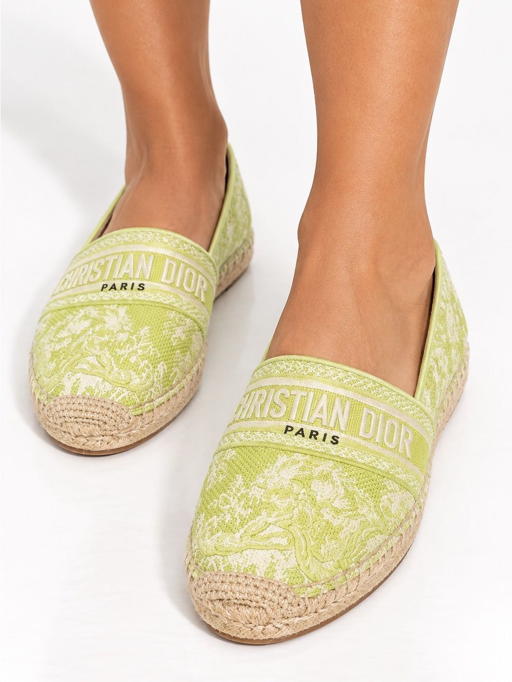 Authentic Christian DIOR Granville Lime Green Floral Flat Espadrilles Si…